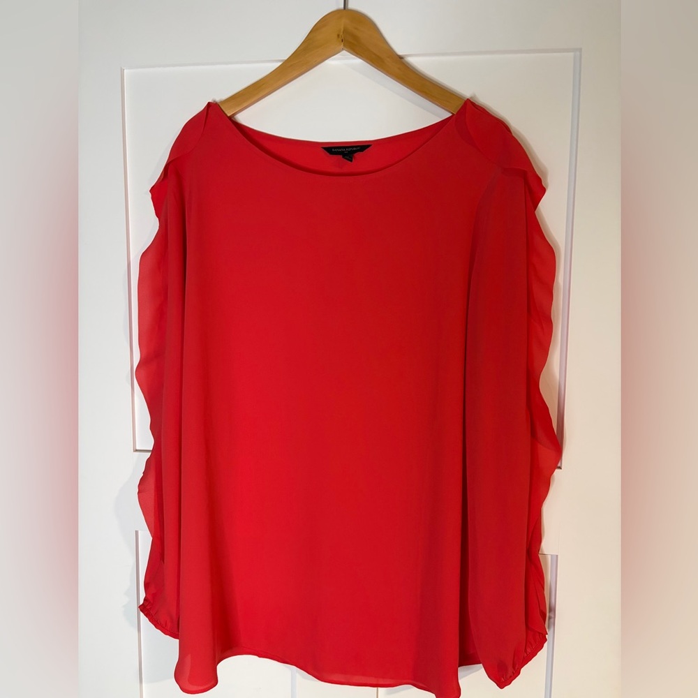 Banana Republic Womens XL Red Ruffle Sleeve Blouse Boat Neck Chiffon Top